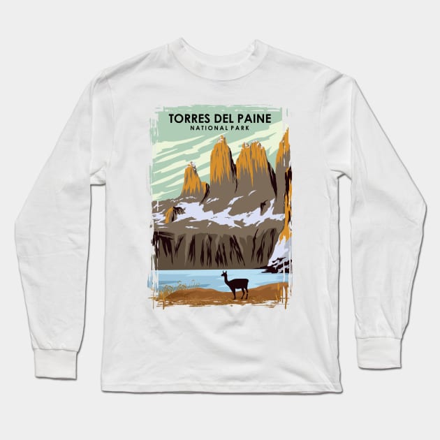 Torres Del Paine Natonal Park Vintage Minimal Chile Travel Poster Long Sleeve T-Shirt by jornvanhezik